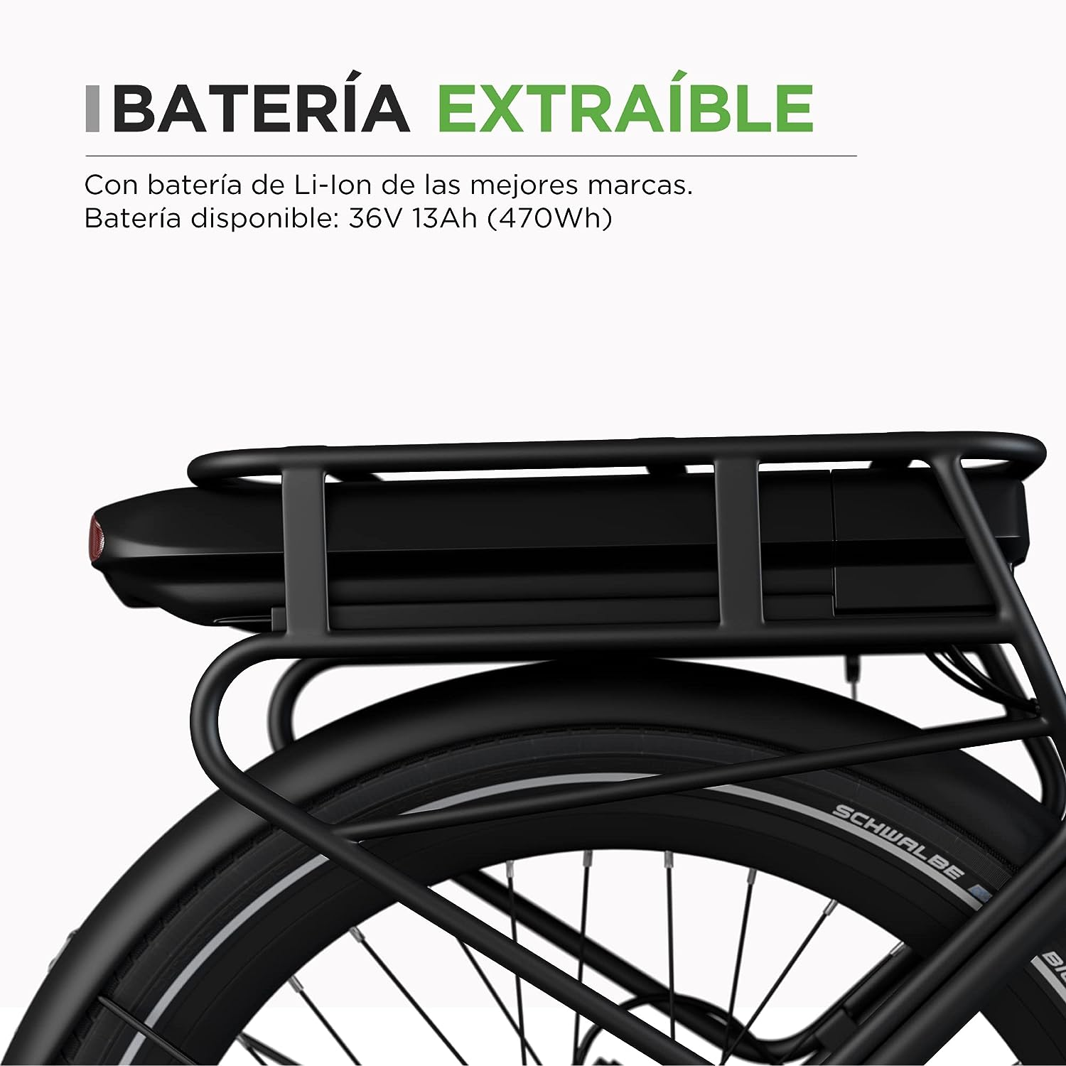Ein schwarzes Fahrradheck mit Akku und schwarzem Gepäckträger.
