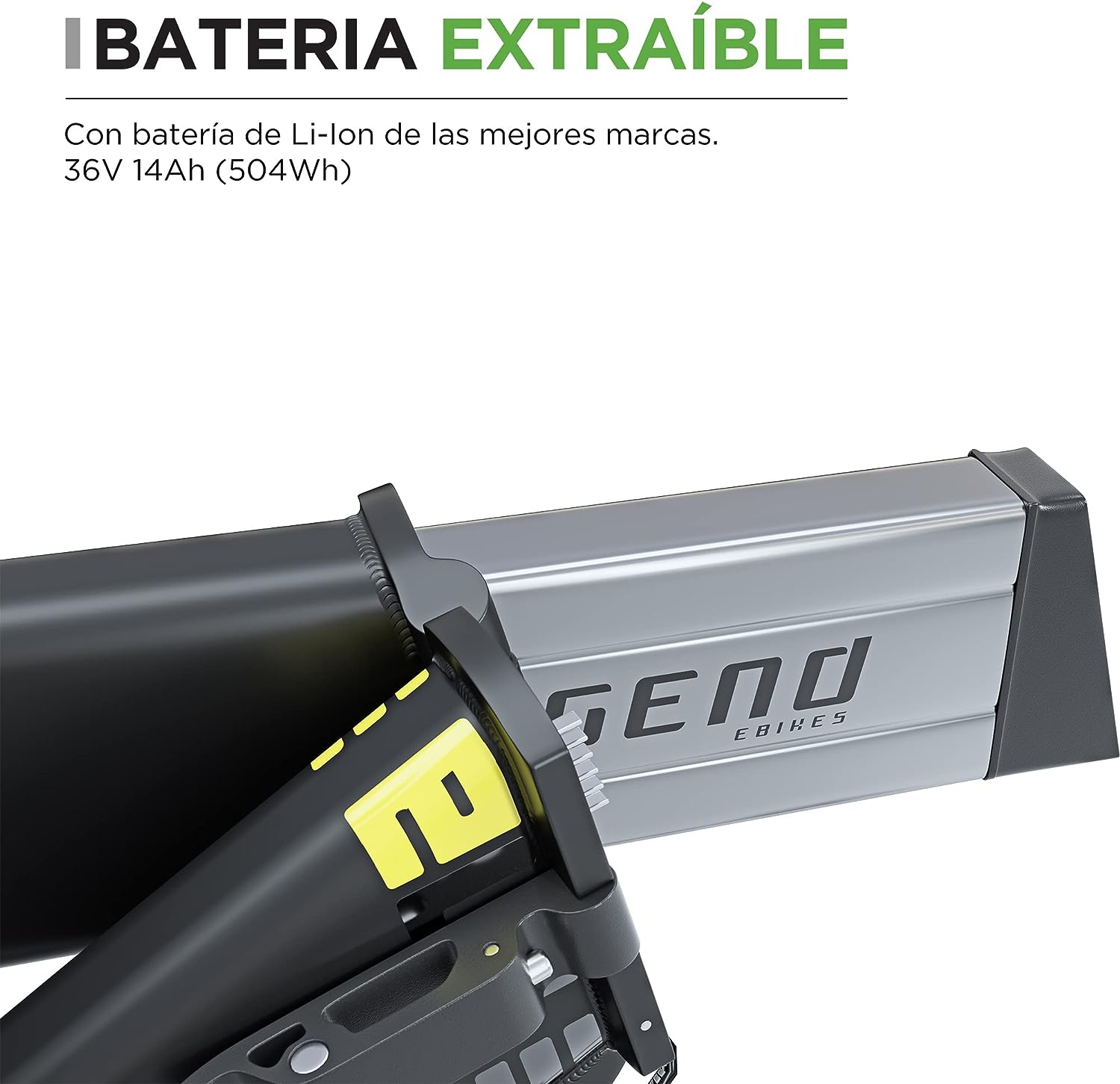 Ein E-Bike-Akku. Der schwarz-graue Akku hat einen gelben Knopf und den Text „GENO EBIKES“.