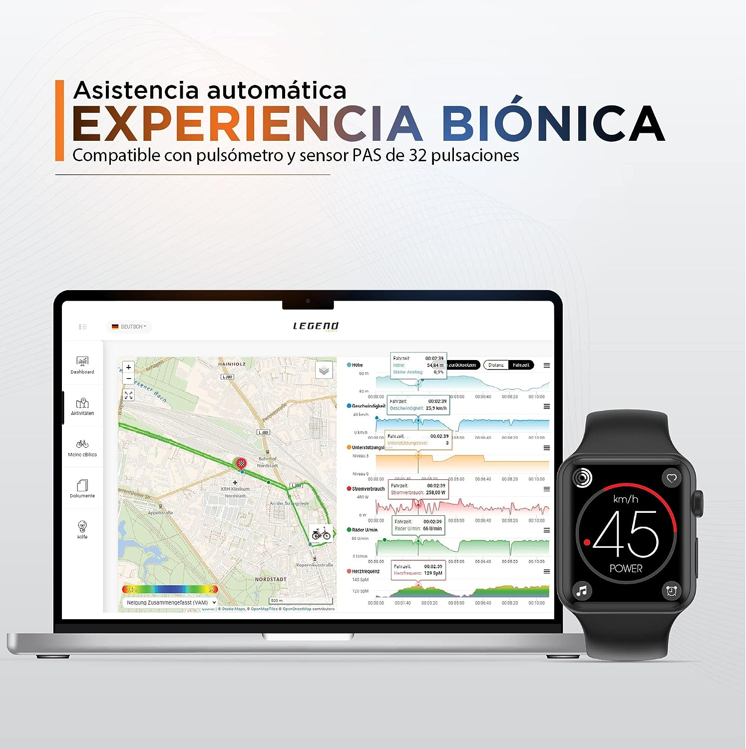 Smartwatch zeigt Karte und Statistiken auf einem Laptop-Bildschirm, Text über bionische Erfahrung.