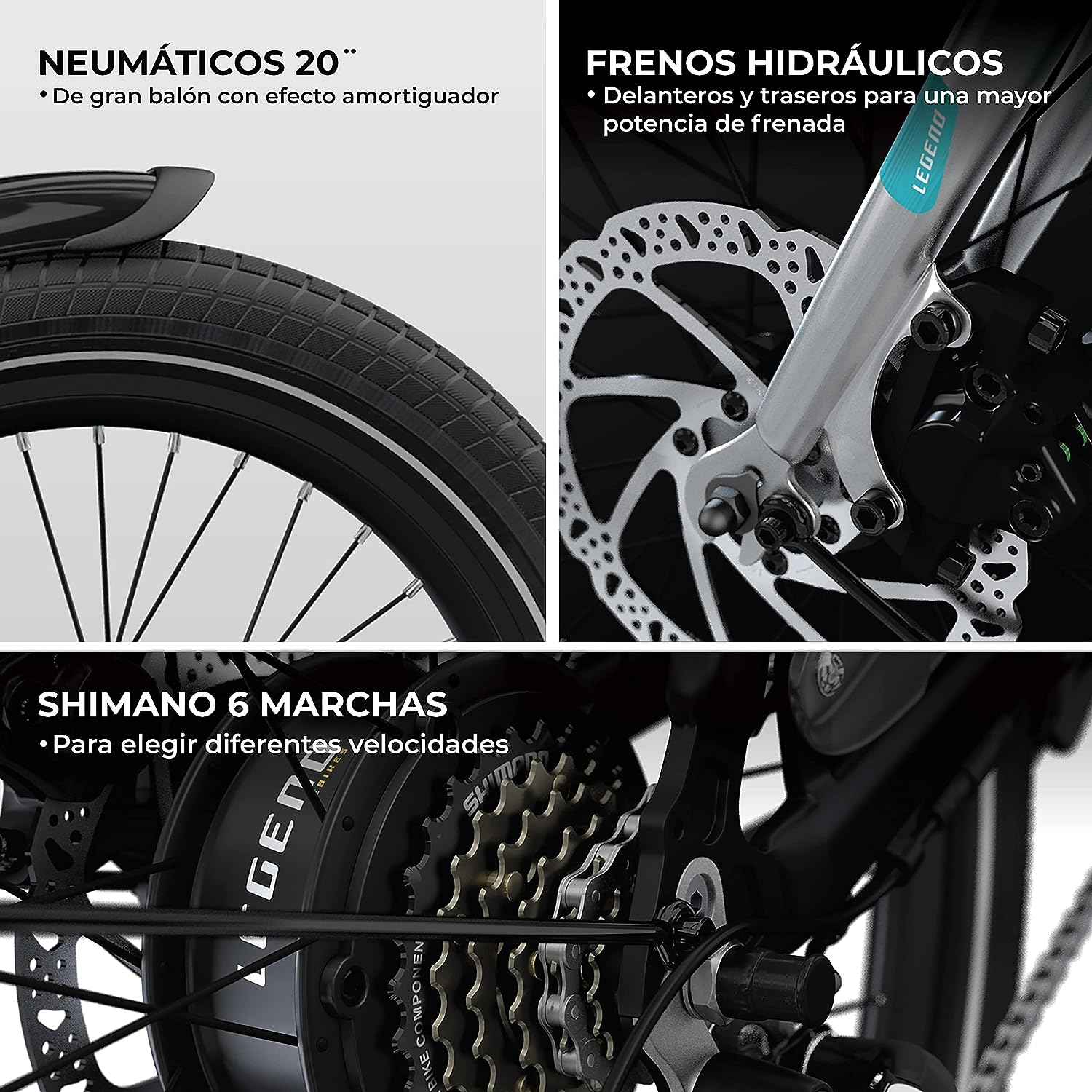 Nahaufnahme von Fahrradteilen. Text und Illustration von Reifen, Bremsen und Gängen. Details.