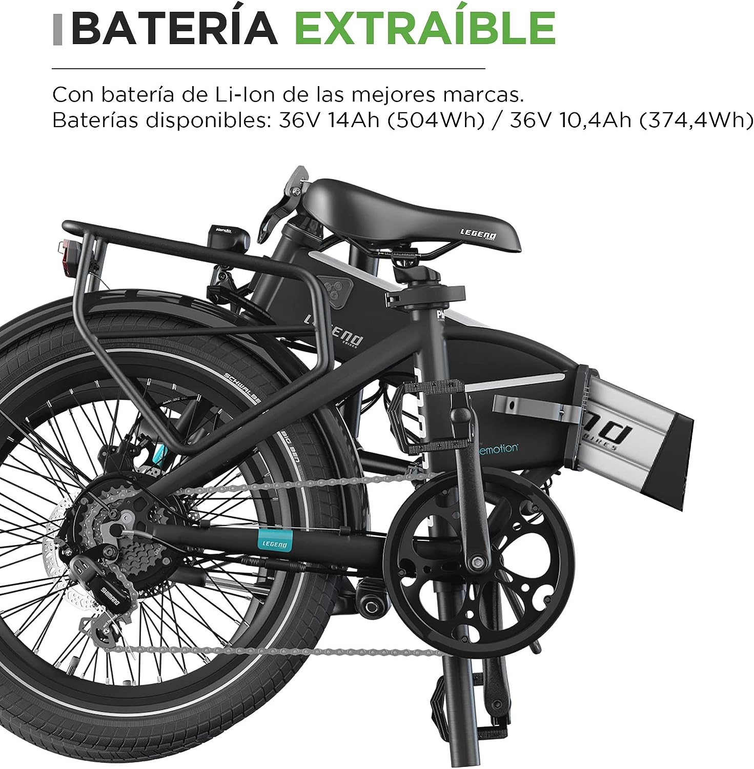 Gefaltetes schwarzes Elektrofahrrad mit Batterietext und Teilansicht seiner Teile auf weißem Grund.