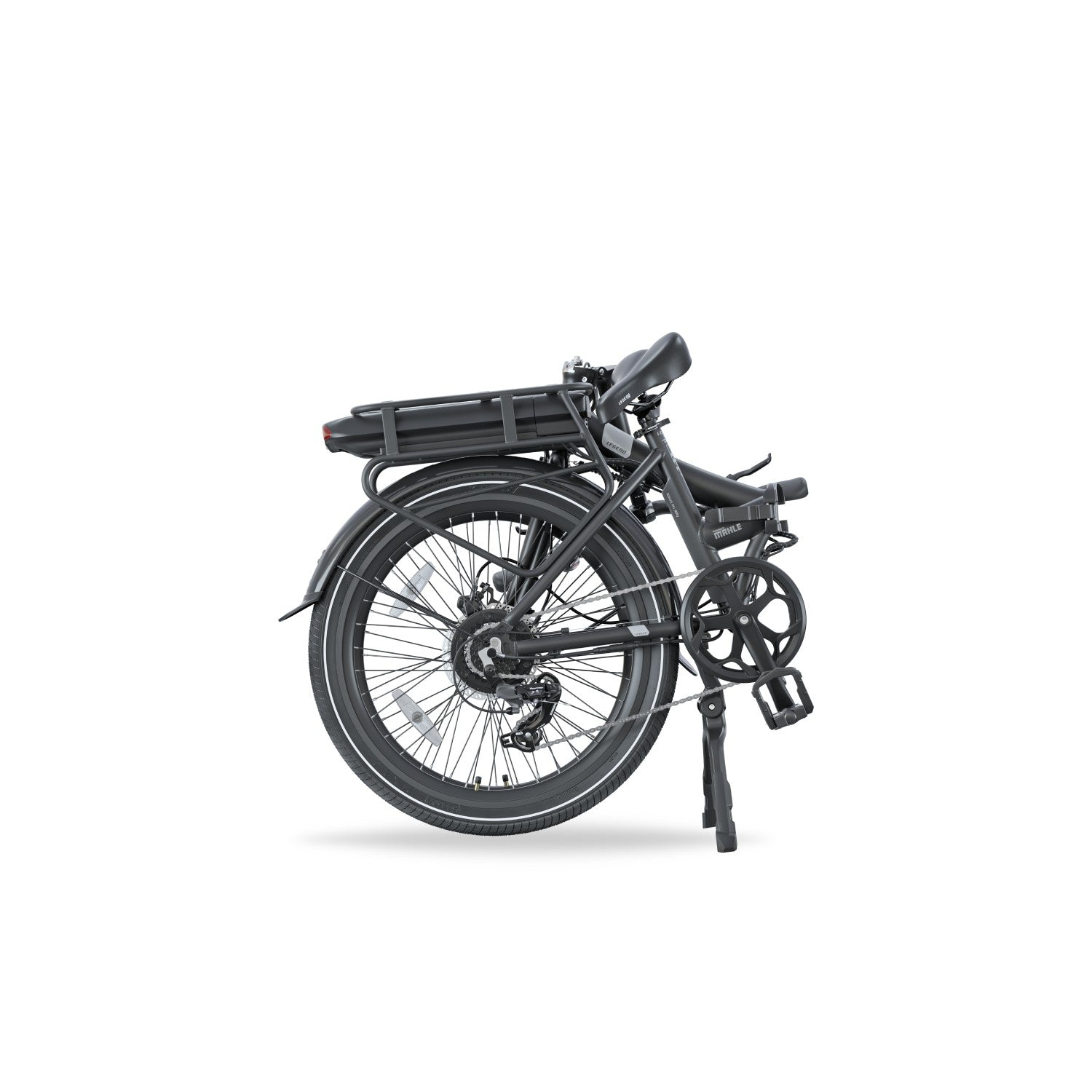 Gefaltetes schwarzes Elektrofahrrad auf weißem Hintergrund.