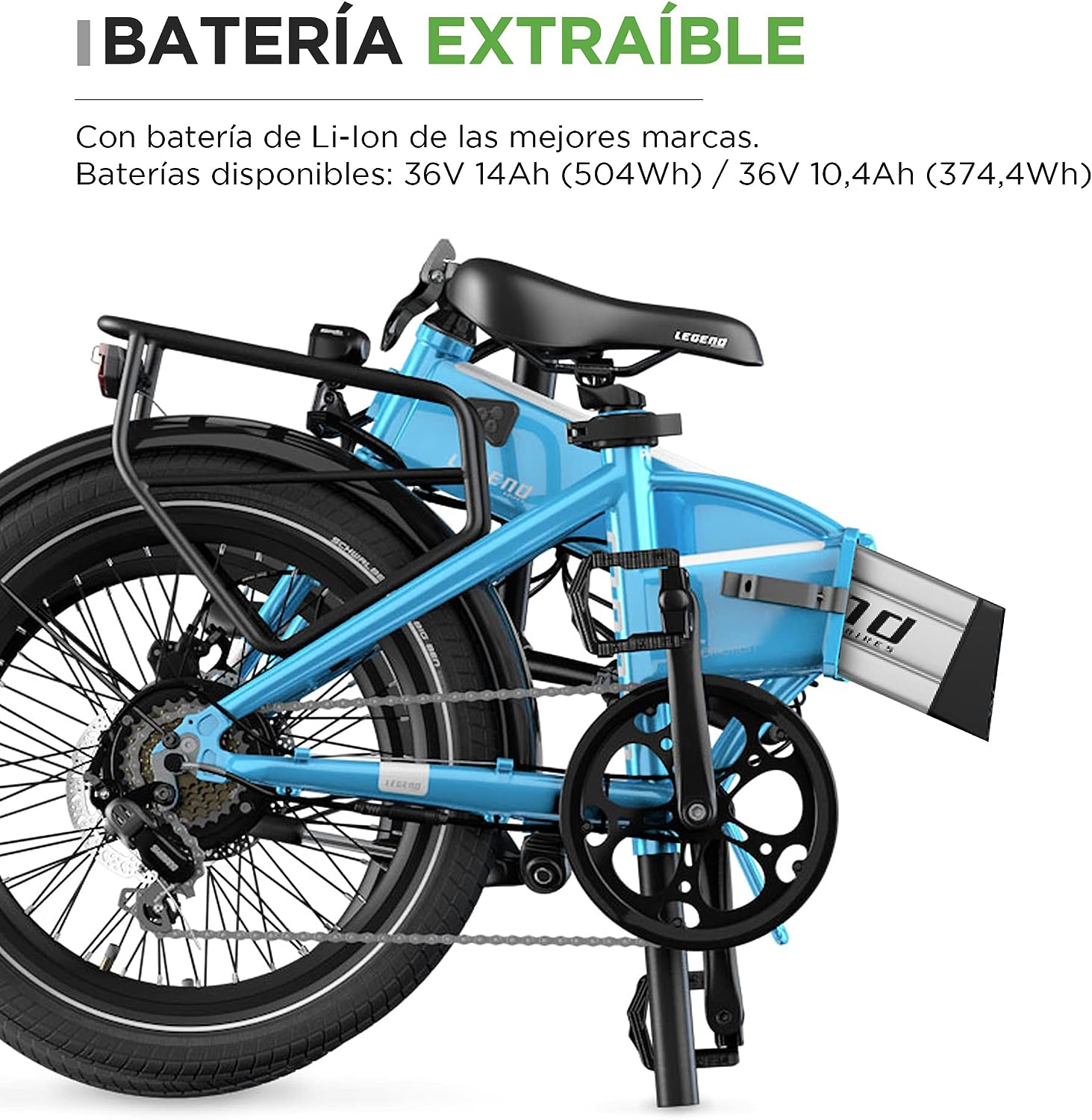 Hellblaues Elektrofahrrad, schwarze Reifen, schwarzer Sitz und Text oben.