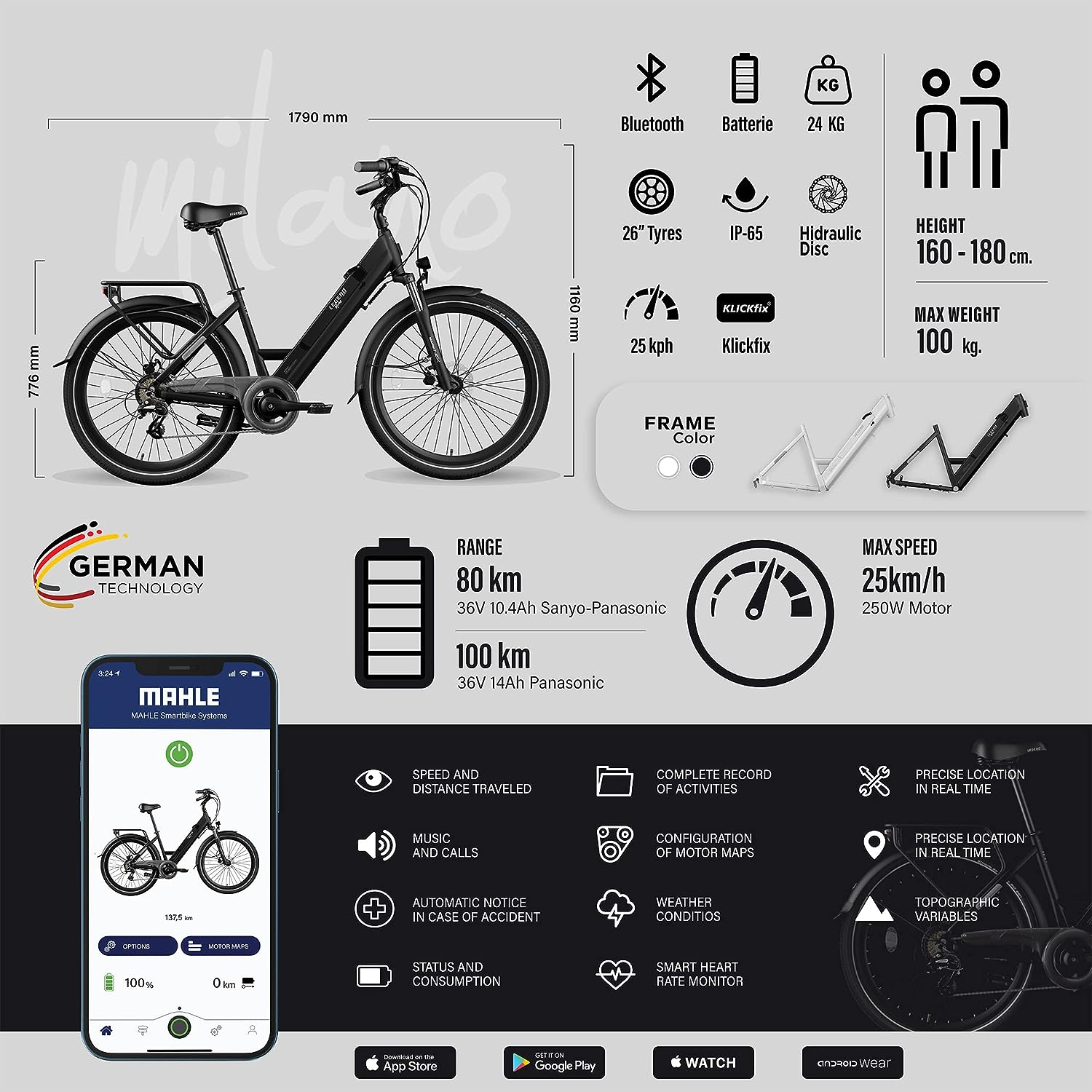 Ein schwarzes Elektrofahrrad mit technischen Daten und App-Anzeige.