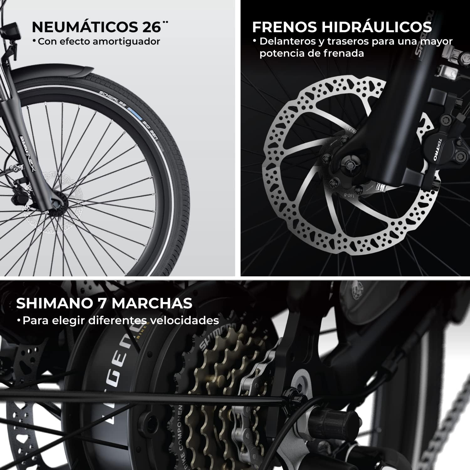 Nahaufnahme von Fahrradteilen. Reifen, Bremse und Gangdetails. Schwarz-Silber-Schema.