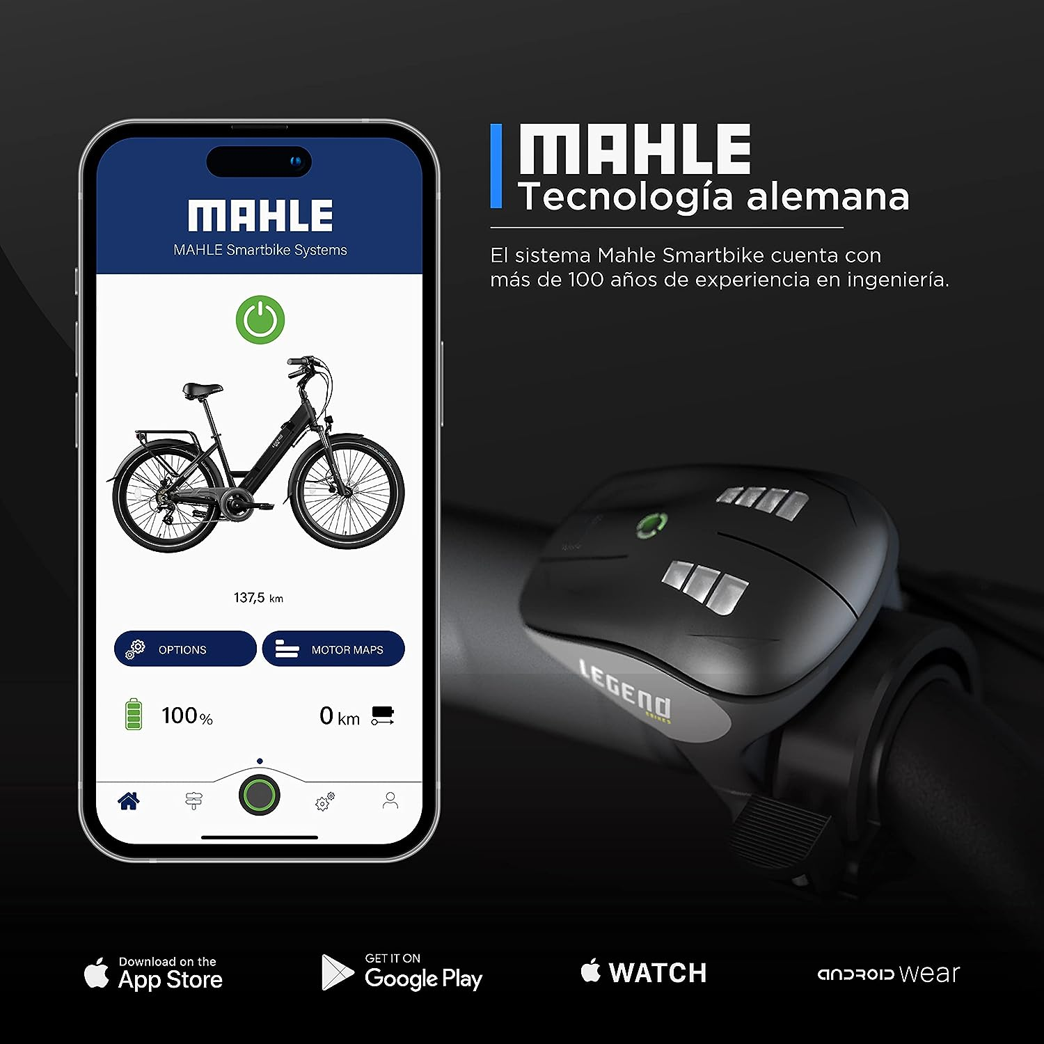 Ein Telefonbildschirm zeigt ein Fahrrad mit App-Oberfläche und eine Lenkersteuerung mit Knopf.