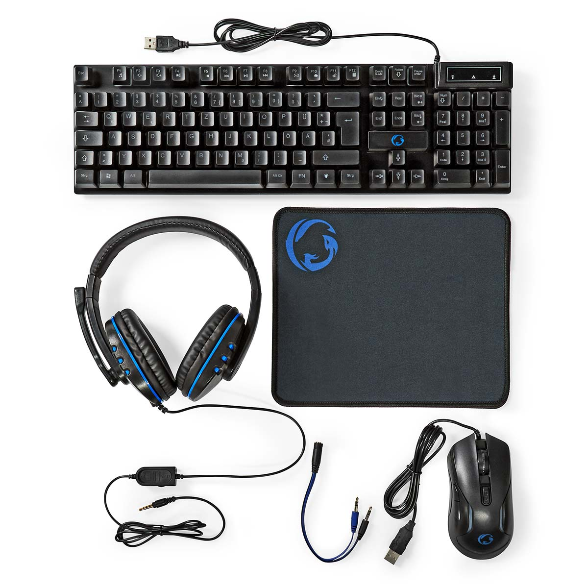 Black keyboard, headphones, mouse, and mousepad. All are black with blue accents, arranged on white background.