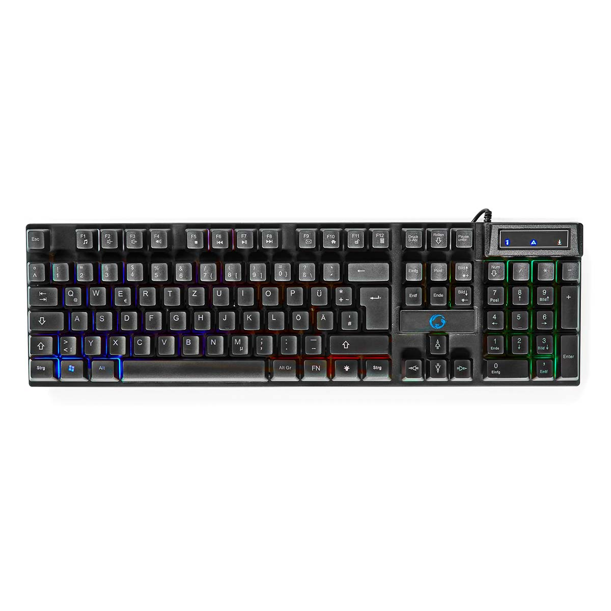 Black keyboard with white keys. The keys have symbols. A cable is connected to the top right.