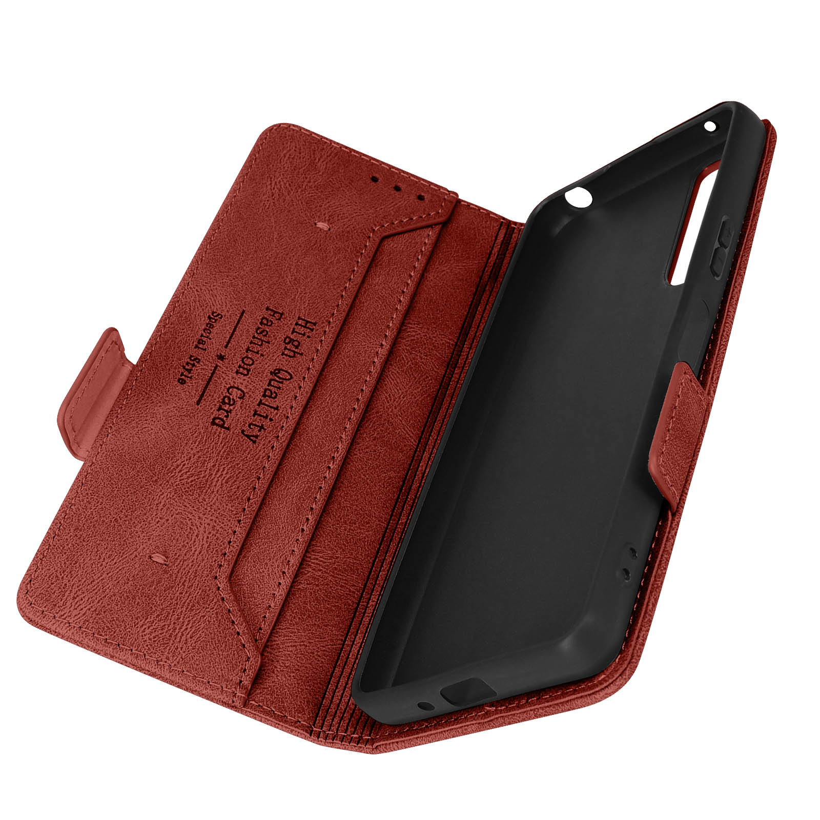 Offene rote Leder-Handyhülle. Das Telefon ist darin. Weißer Hintergrund.