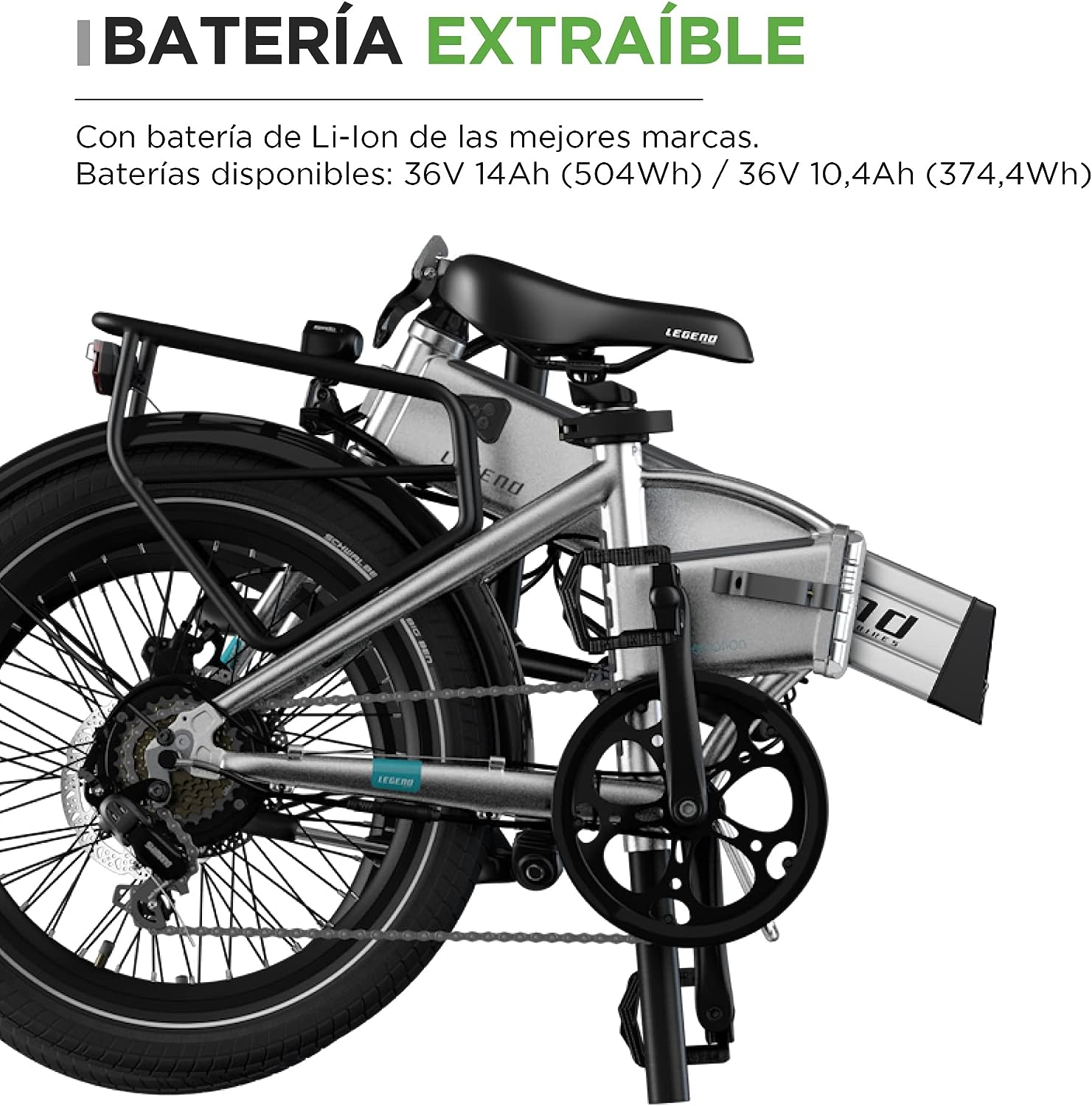 Gefaltetes silbernes Elektrofahrrad mit Text zur Batterie und ihren Spezifikationen.