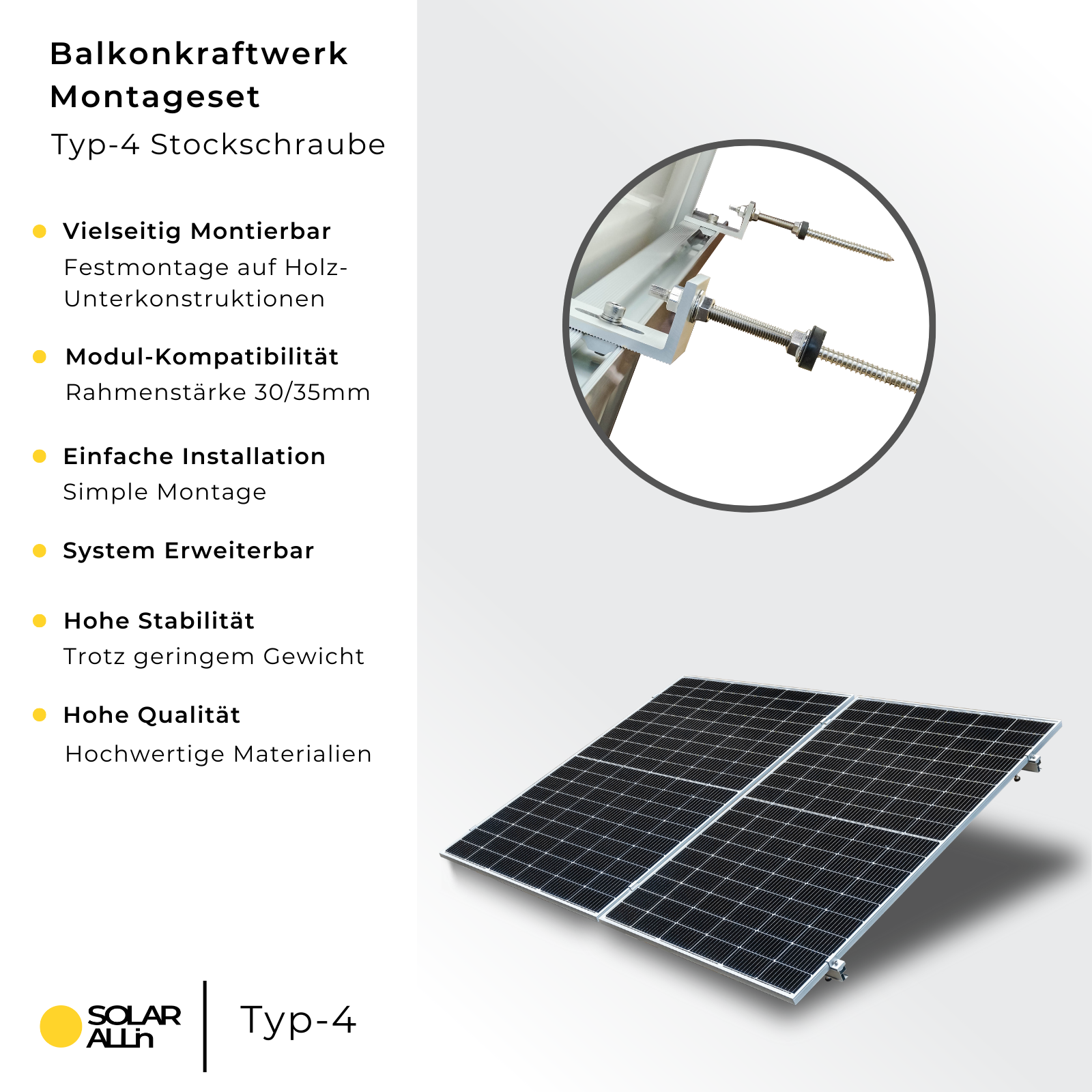 Hochkant-Verlegung Solar Solarmodul ALLin Halterung Halterungs-Set SMARTEC SOLAR Stockschrauben