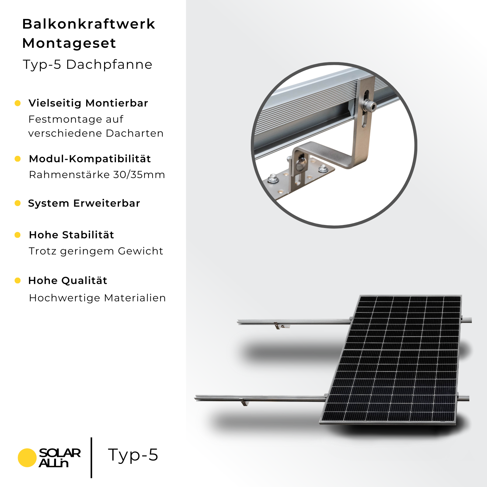 ALLin Hochkant-Verlegung SOLAR Solarmodul SMARTEC Solar Halterungs-Set Dachpfanne Halterung