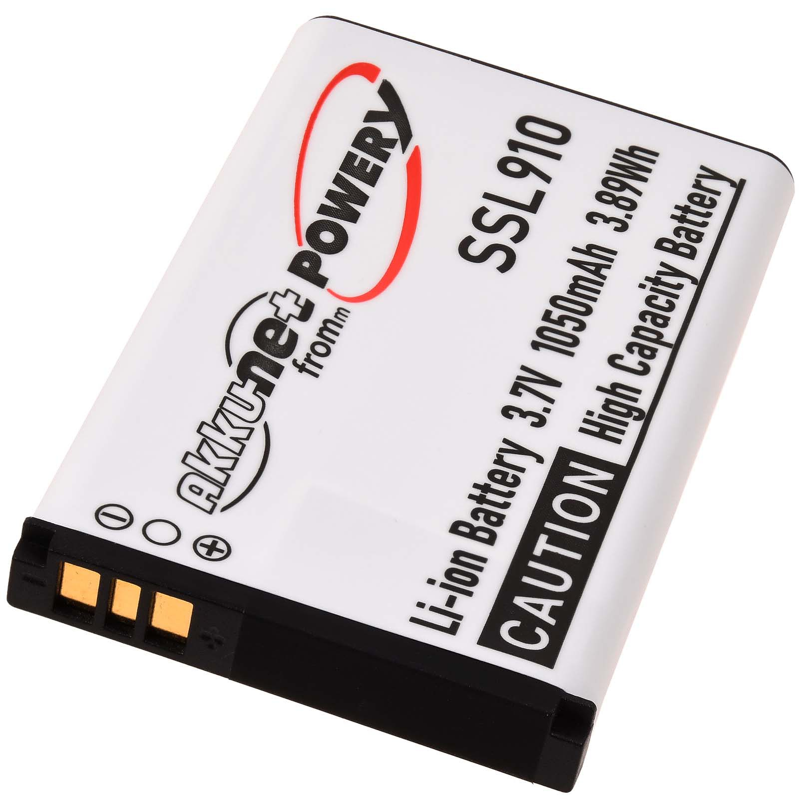 Weiße Batterie mit rotem und schwarzem Text. Sie hat einen schwarzen und goldenen Stecker.
