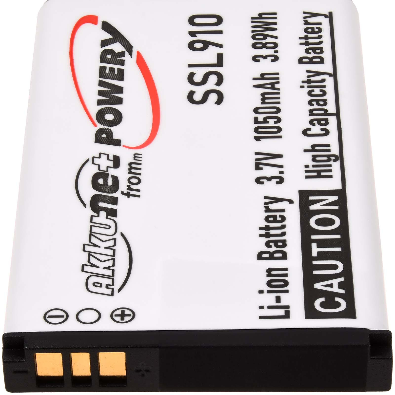 Eine weiße Batterie mit schwarzem und rotem Text, der die Spezifikationen der Batterie und einen Warnhinweis zeigt.