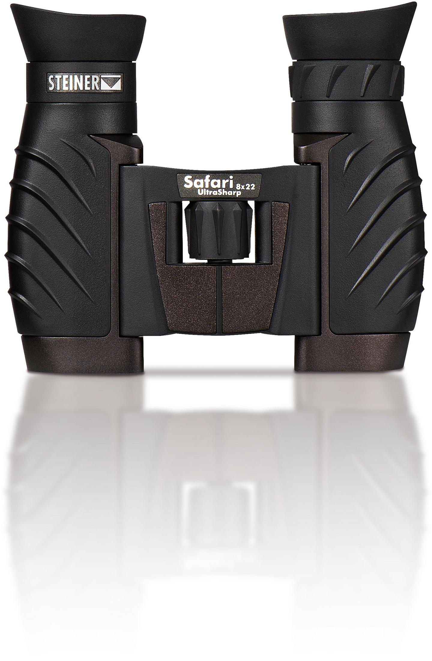 Czarna i brązowa lornetka z marką Steiner.