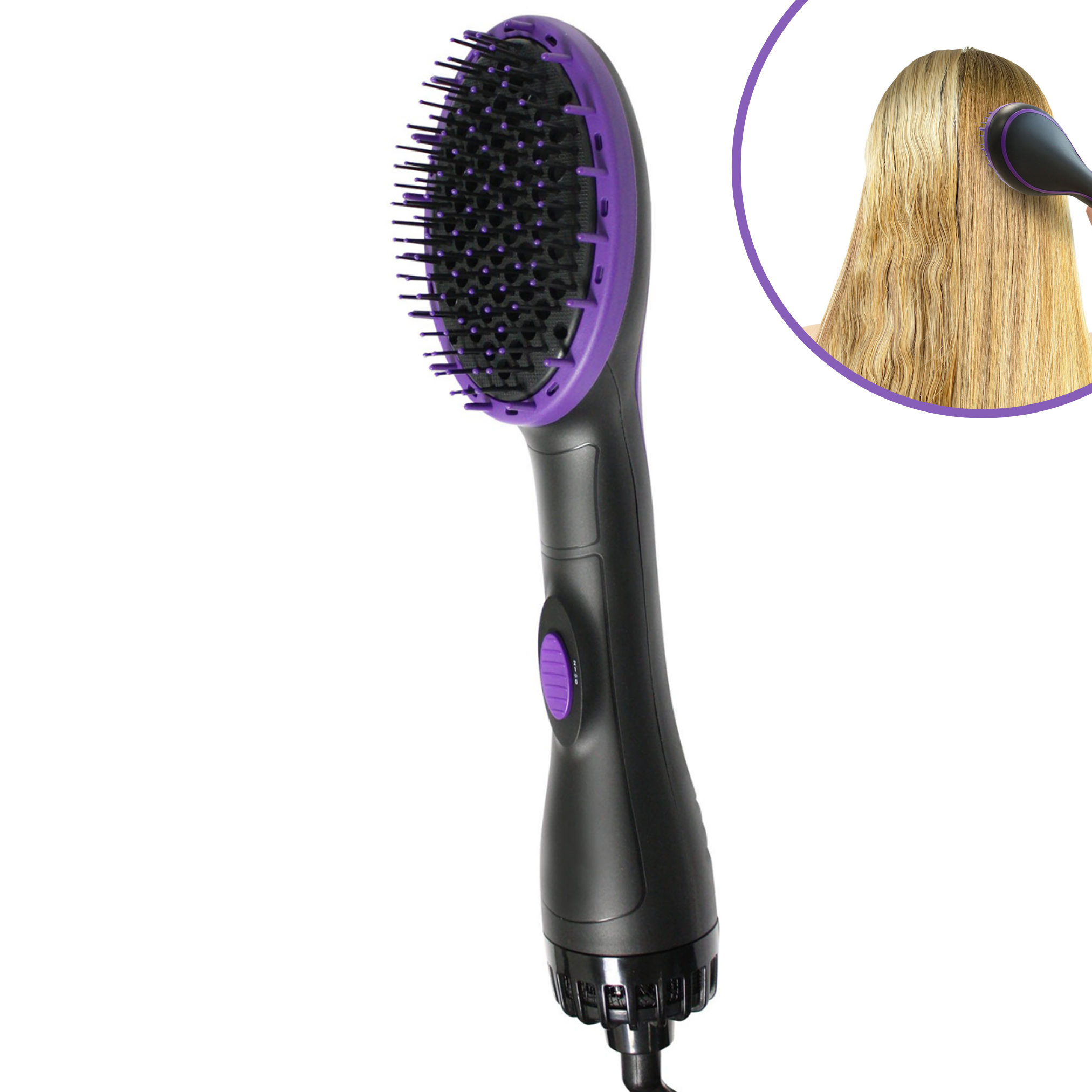 Eine schwarz-violette Haarglättungsbürste, mit einem Beispiel für blondes Haar.