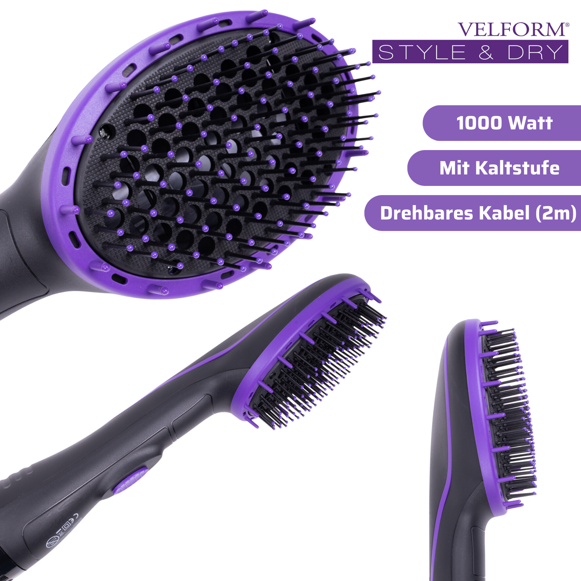 Schwarzer und violetter Haartrockner. Text: 'VELFORM STYLE & DRY', '1000 Watt' und 'Drehbares Kabel'.