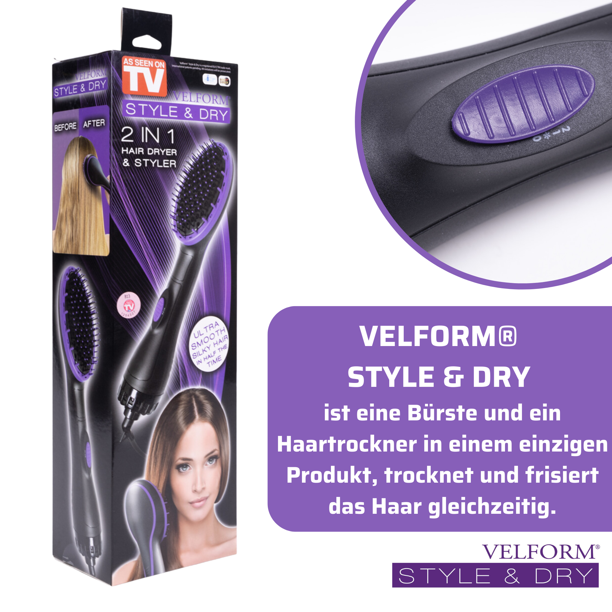 Box mit Fön und Styler, mit Bildern und Text. Lila Details.