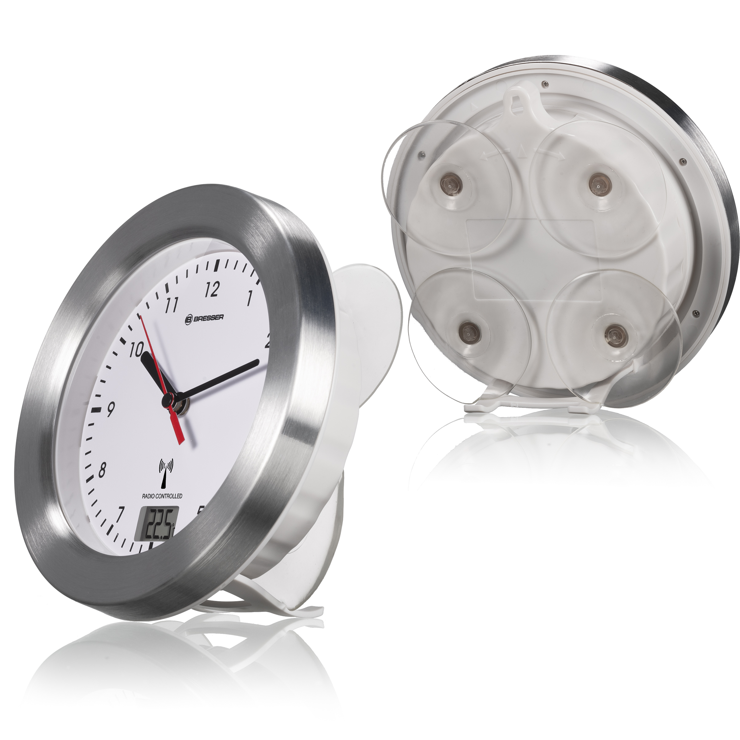 Silberne Uhr mit weißem Zifferblatt und roten Zeigern, mit Saugnapf-Rückseite.