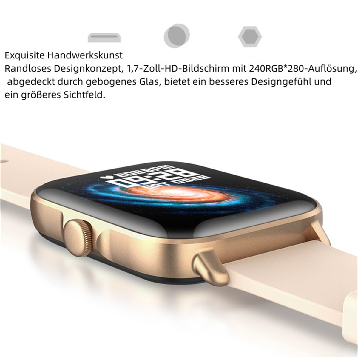 Smartwatch mit digitalem Display, das ein Galaxie-Bild zeigt. Goldfarbenes Gehäuse und beiges Armband.
