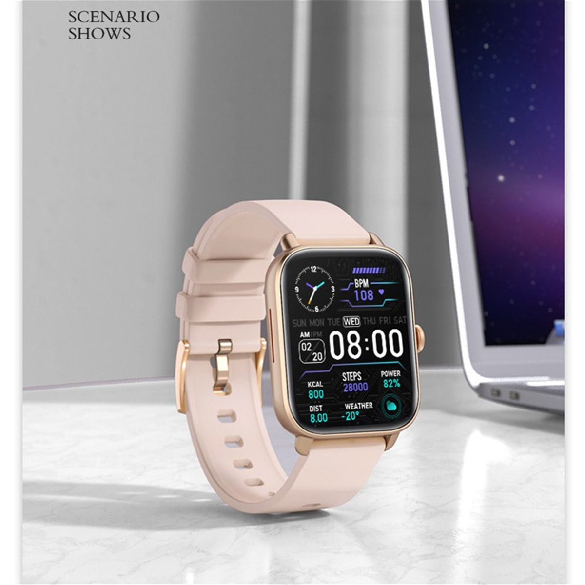 Eine beige Smartwatch zeigt Informationen an. Es hat ein beiges Armband und einen goldenen Rahmen. Der Hintergrund ist verschwommen.