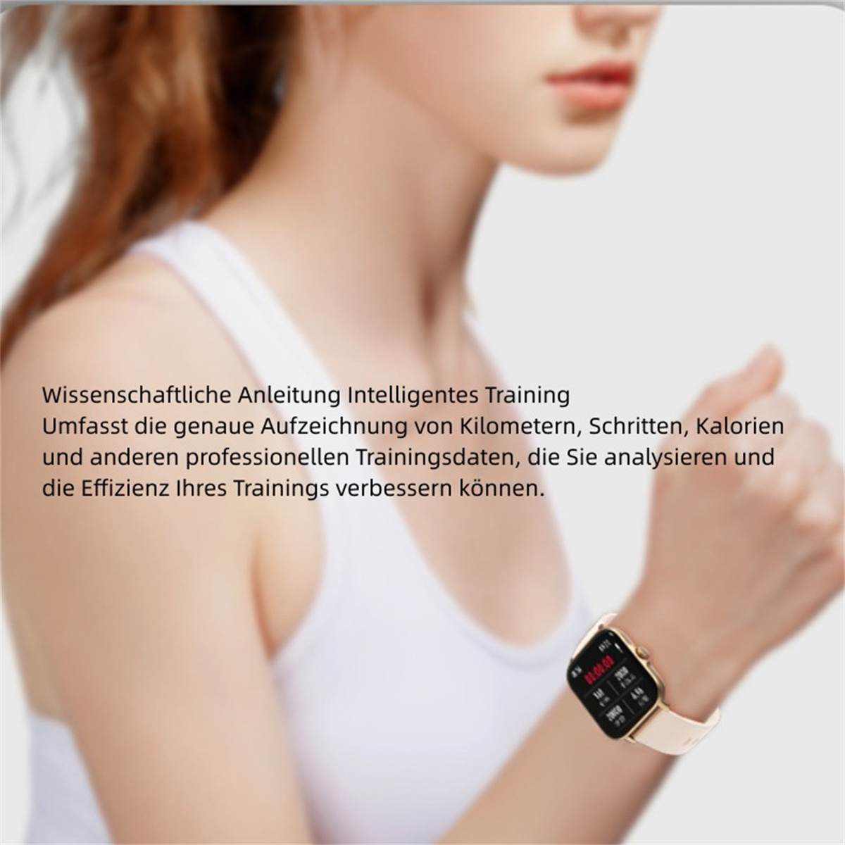 Eine Frau trägt eine Smartwatch. Die Uhr zeigt Daten über das Training, einschließlich Kilometer und Kalorien.