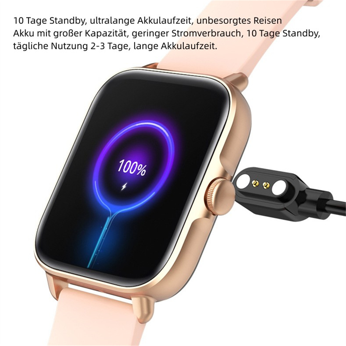 Smartwatch mit angeschlossenem Ladekabel, das 100% Ladung auf dem Bildschirm anzeigt.