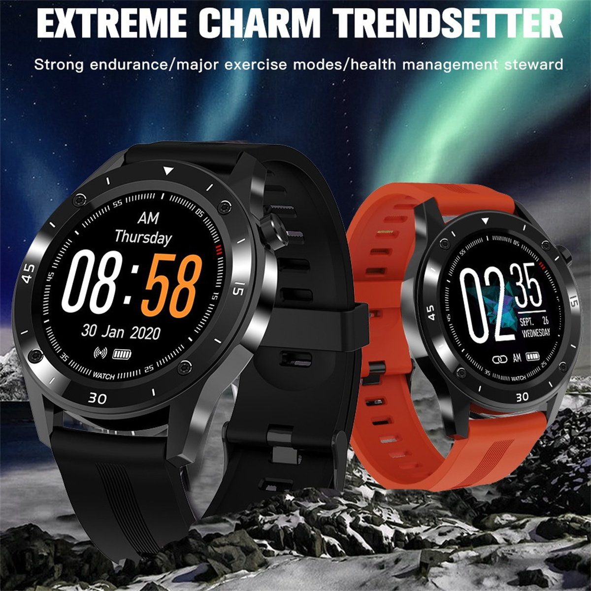 Zwei Smartwatches mit schwarzen und orangenen Armbändern.
