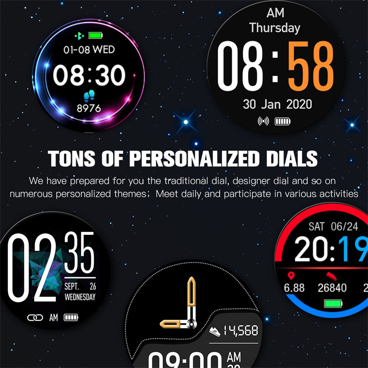 Verschiedene Smartwatch-Zifferblätter, die Zeit, Datum und andere Informationen anzeigen.
