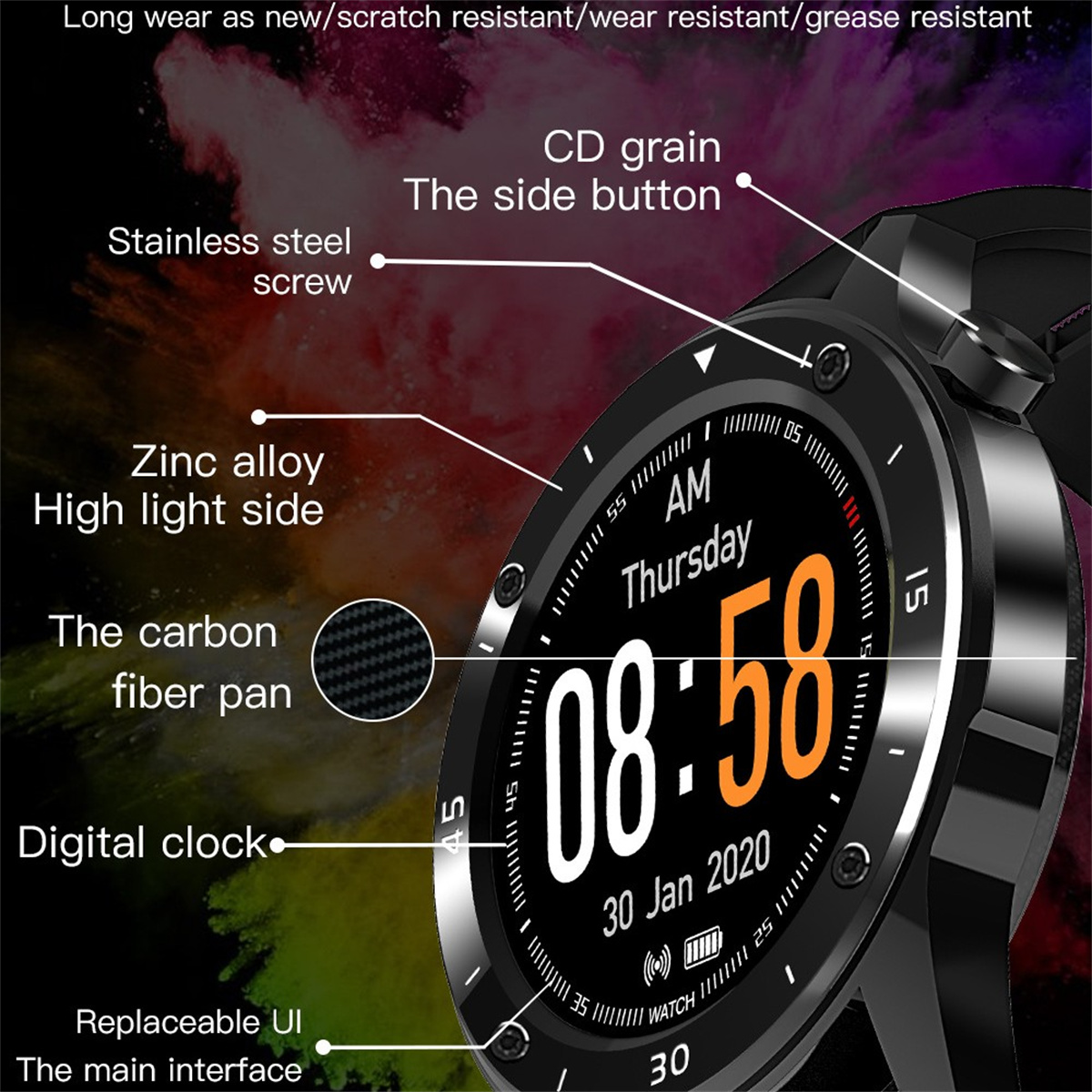 Nahaufnahme einer schwarzen Smartwatch mit Digitalanzeige, die Zeit und Datum anzeigt.