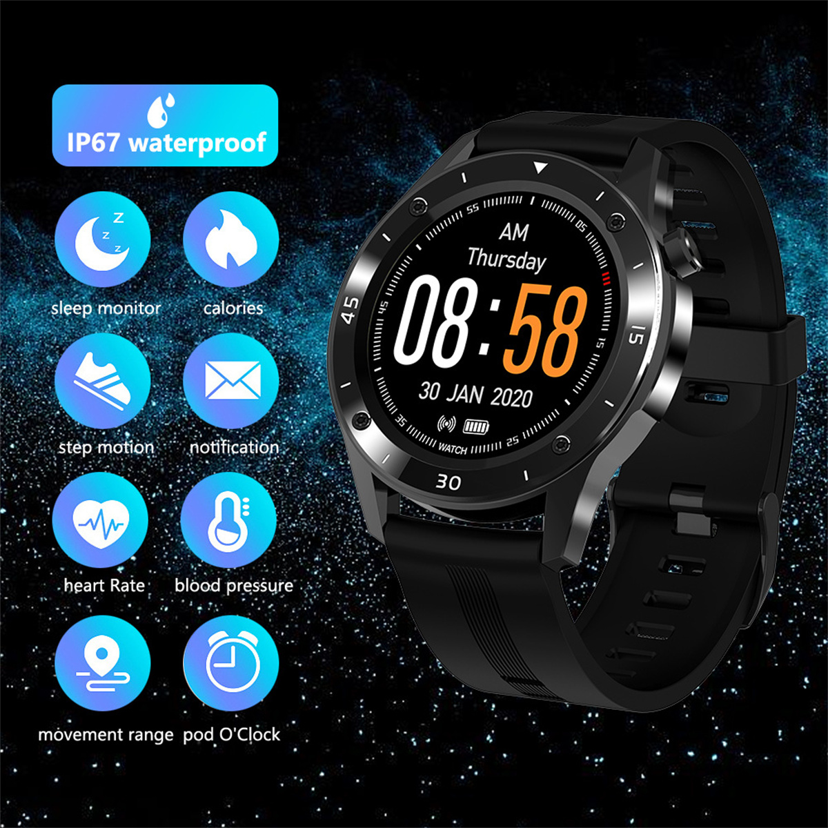 Schwarze Smartwatch, die die Zeit und Gesundheitsmetriken anzeigt.
