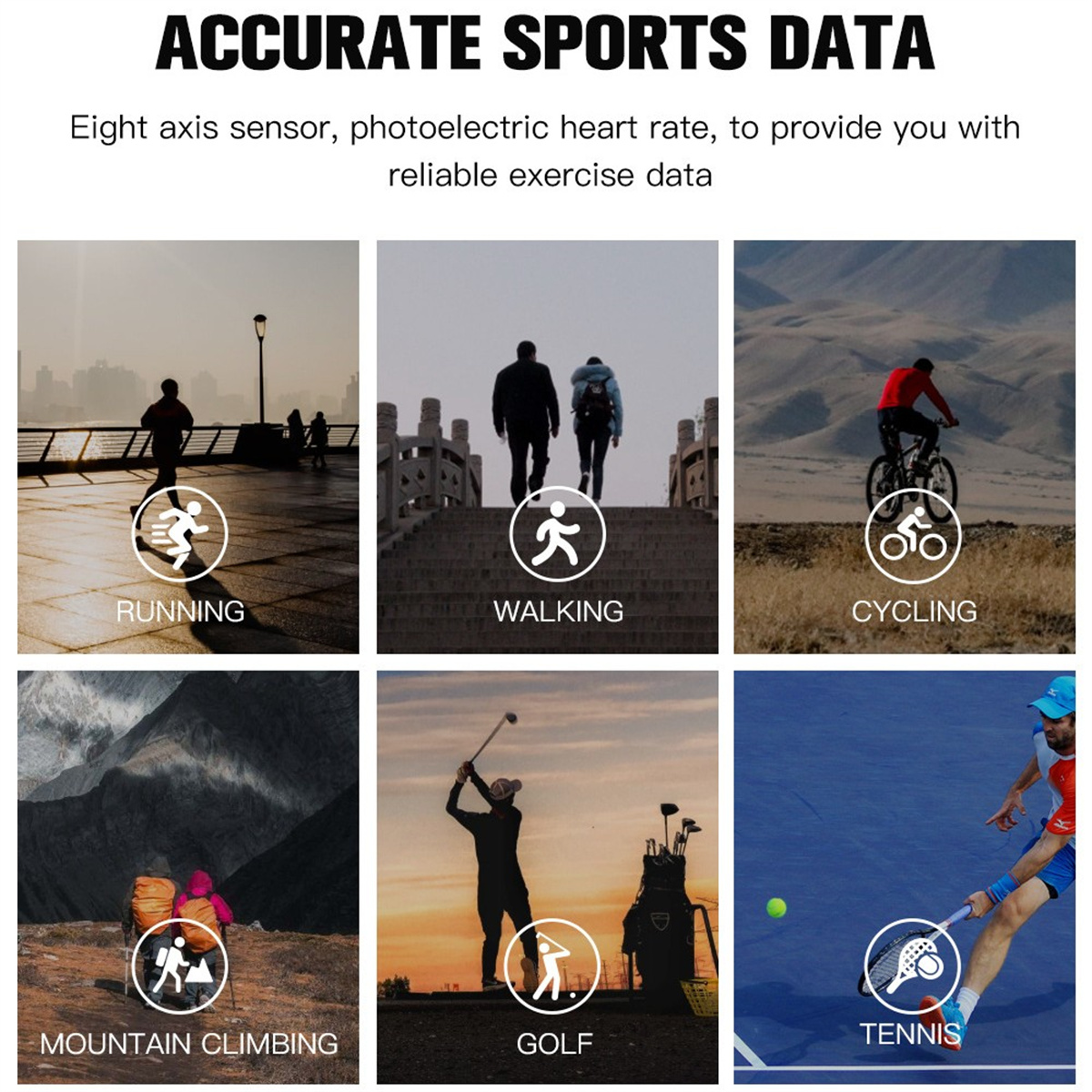 Symbole für Aktivitäten: Laufen, Gehen, Radfahren, Bergsteigen, Golf und Tennis. Text steht darüber.