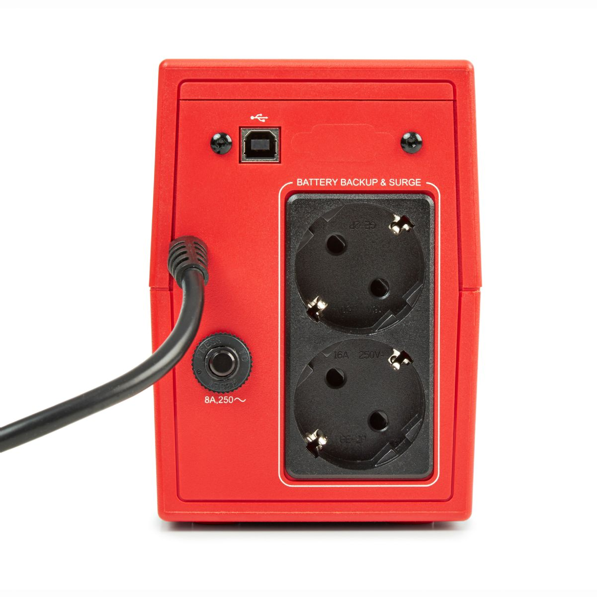 Toma de corriente roja. Tiene dos enchufes y un puerto USB. El texto dice 'BATTERY BACKUP & SURGE'.