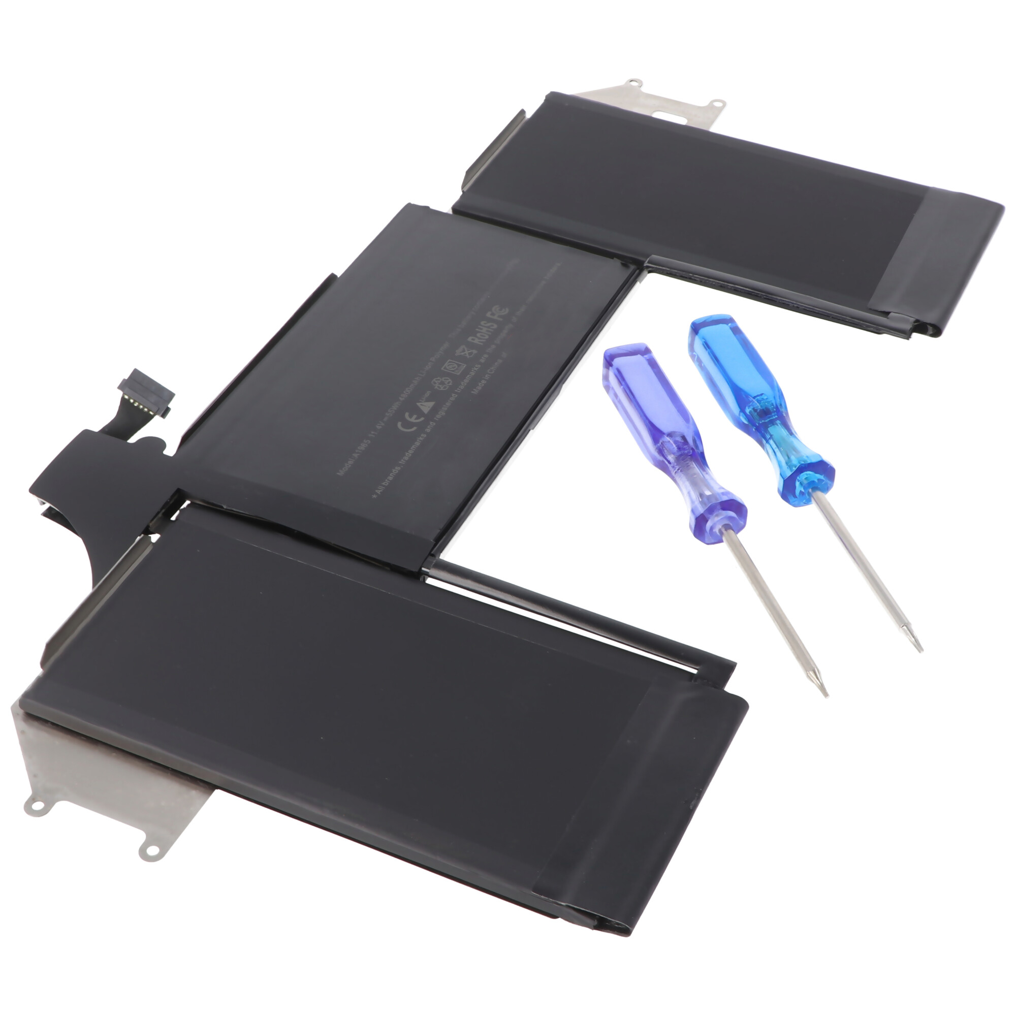 Schwarzer Laptop-Akku mit zwei Schraubenziehern. Die Schraubenzieher haben blaue und lila Griffe.
