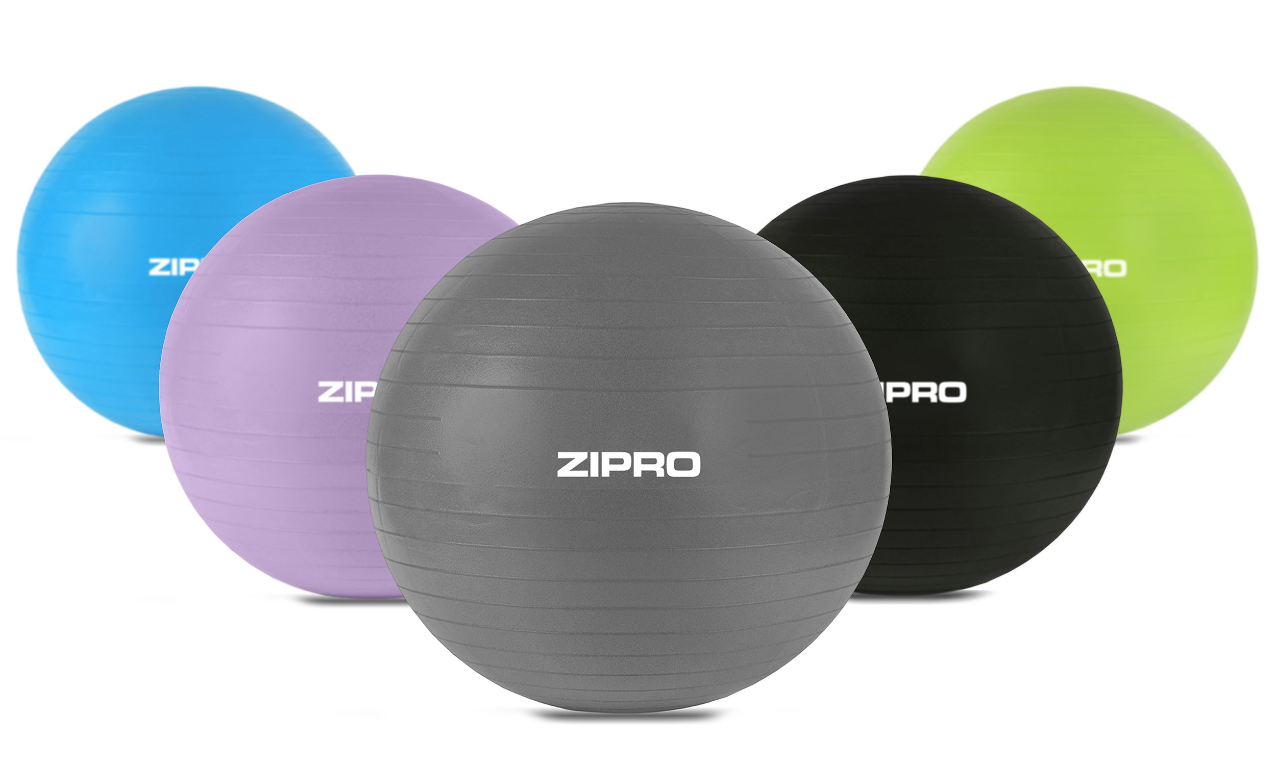 Fünf bunte Gymnastikbälle: blau, lila, grau, schwarz und grün. Jeder Ball hat das Wort ZIPRO darauf.