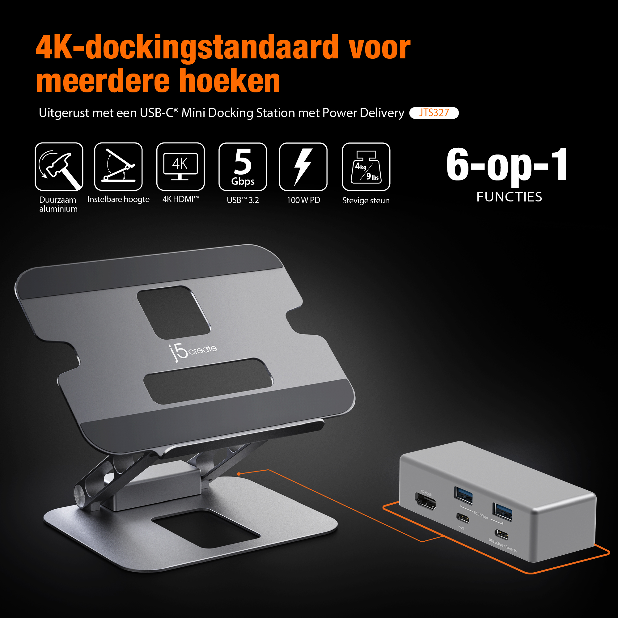 Laptopständer mit Dockingstation. Funktionen: 4K HDMI, USB-C, 5 Gbit/s und 100 W PD.