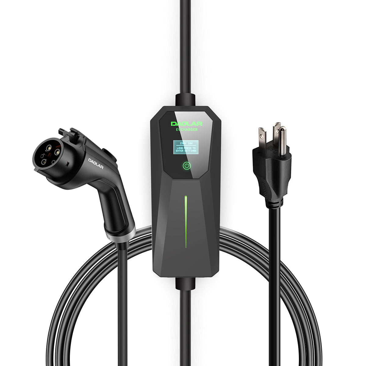 Schwarzes Elektrofahrzeug-Ladegerät mit Ladekabel.