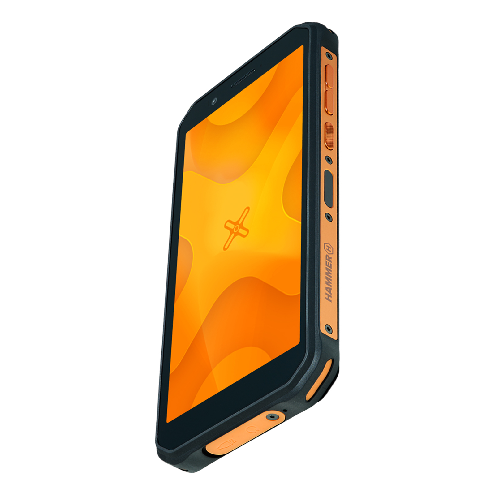 Schwarzes und oranges robustes Smartphone, schräge Ansicht, zeigt den Bildschirm mit orangefarbenem Design.