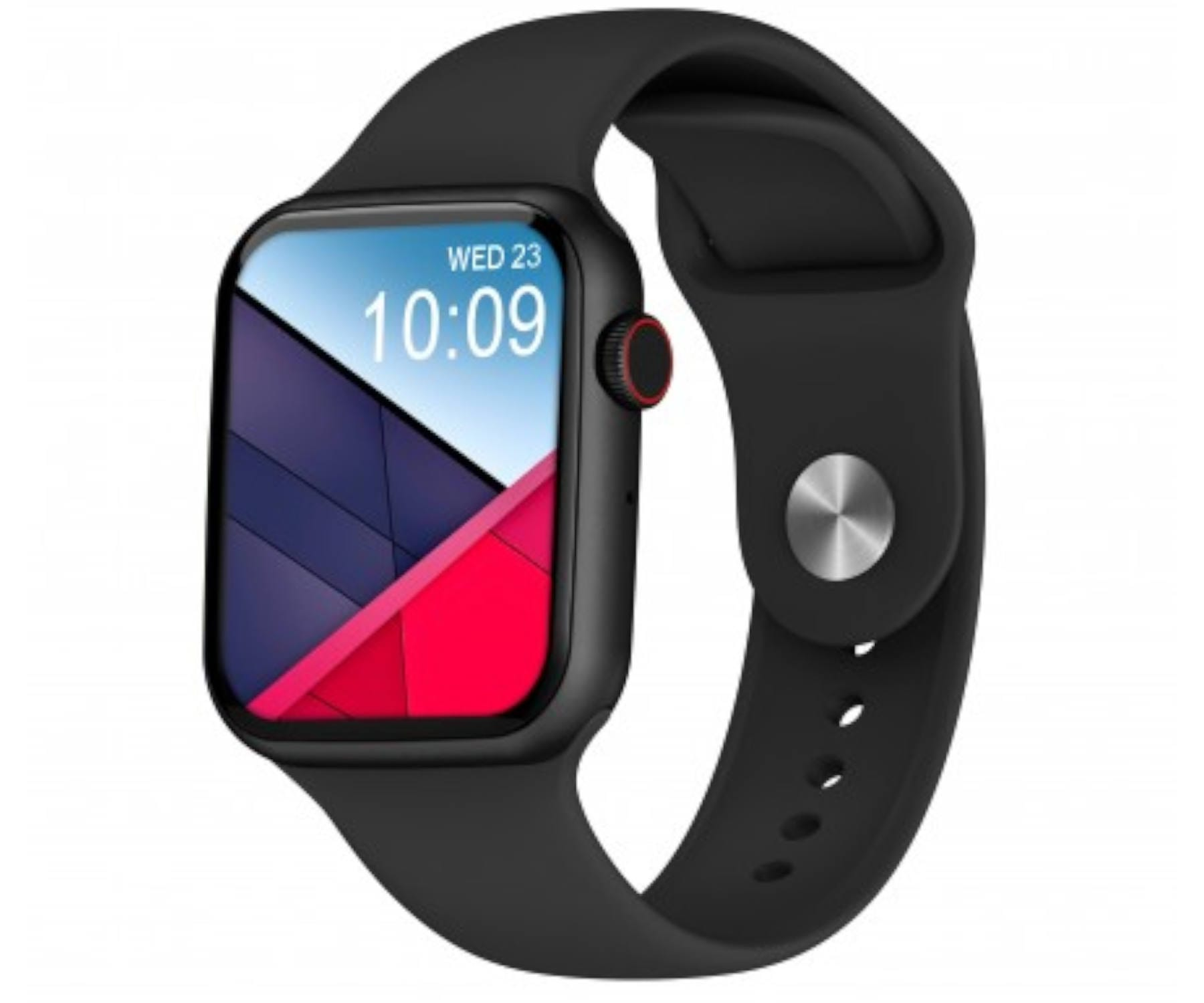 Czarny smartwatch z czarnym paskiem, pokazujący datę i godzinę na ekranie.