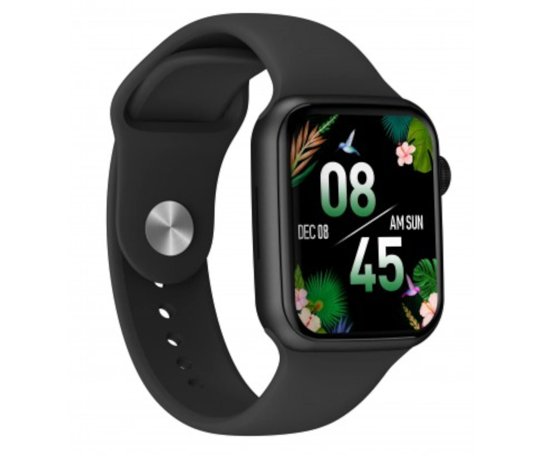 Czarny smartwatch z kwadratowym ekranem i czarnym paskiem. Wyświetla godzinę i inne informacje.