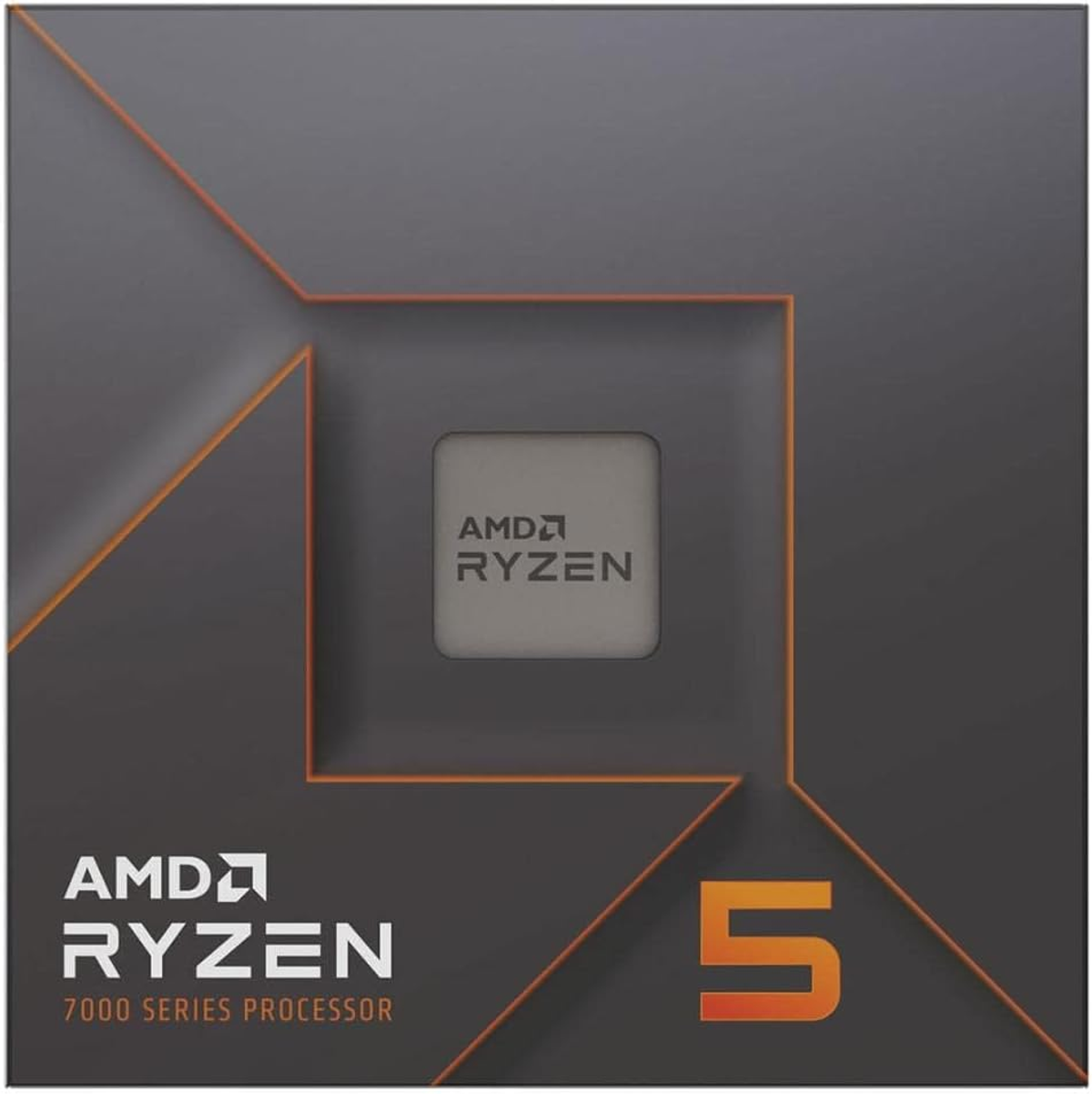 Procesor AMD Ryzen w pudełku. Szary i pomarańczowy design z logo Ryzen 5.