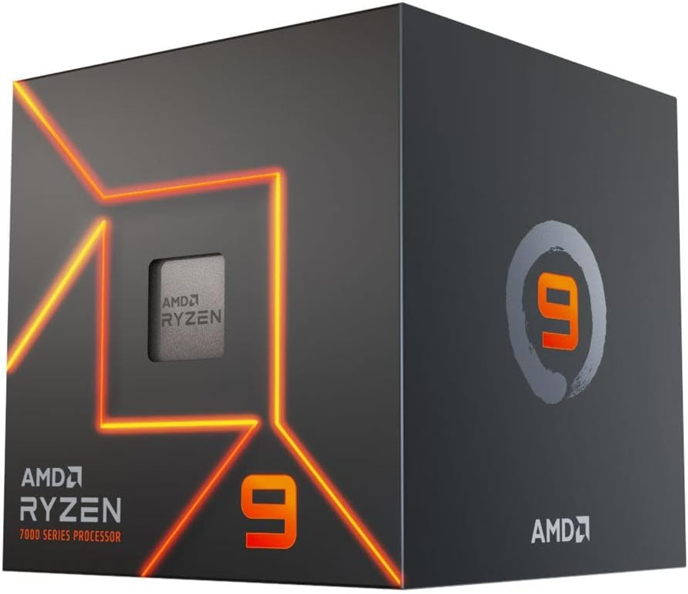 Pudełko z procesorem Ryzen 9. Pudełko jest ciemne z pomarańczowymi liniami i liczbą '9' pośrodku.