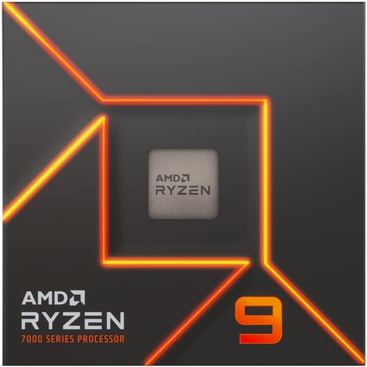 Procesor AMD Ryzen 9. Procesor znajduje się w pudełku w kolorach pomarańczowym i czarnym.