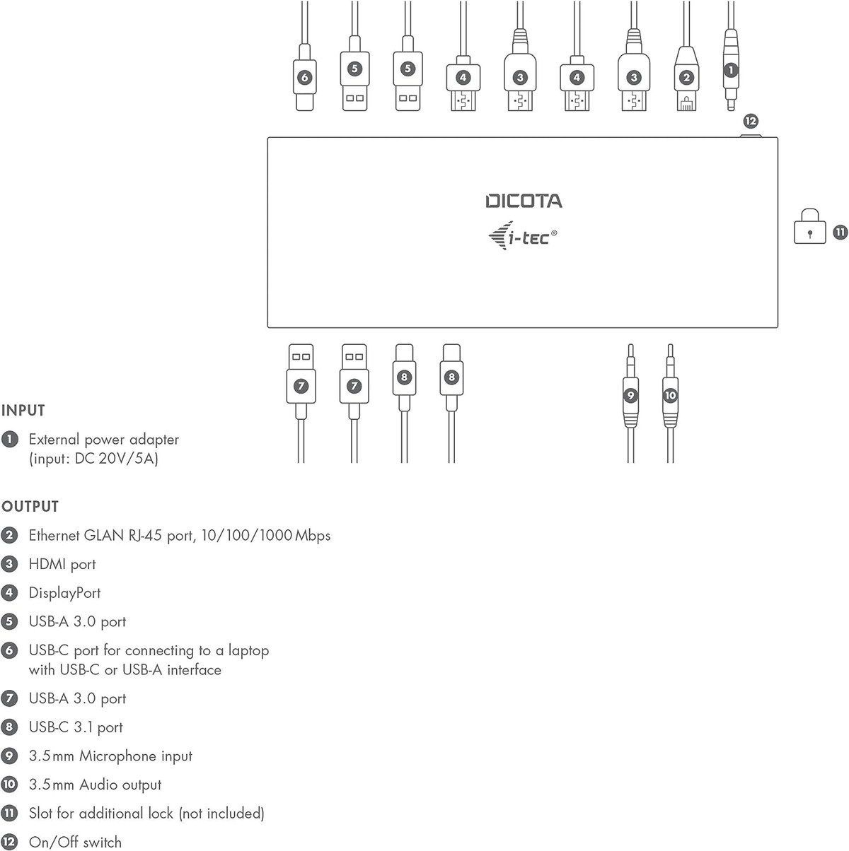 Diagrama de una estación de acoplamiento Dicota i-tec. Muestra puertos de entrada y salida, cables y un adaptador de corriente.