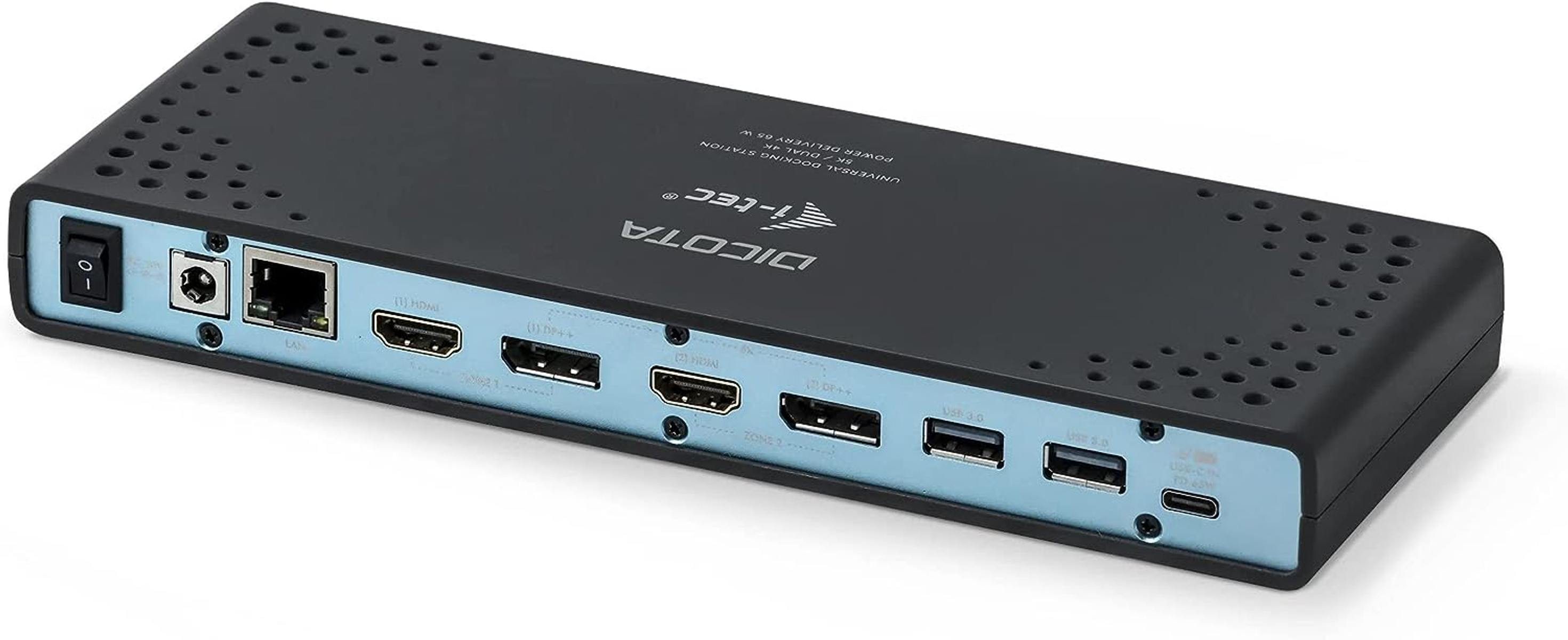 Estación de acoplamiento negra con múltiples puertos. Tiene botón de encendido, Ethernet, HDMI, puertos USB y entrada de alimentación.