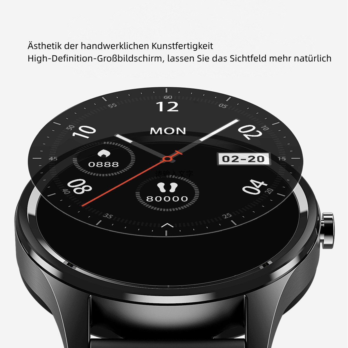 Schwarze Smartwatch mit rundem Bildschirm, der ein Zifferblatt mit Zahlen und Aktivitätsdaten anzeigt.