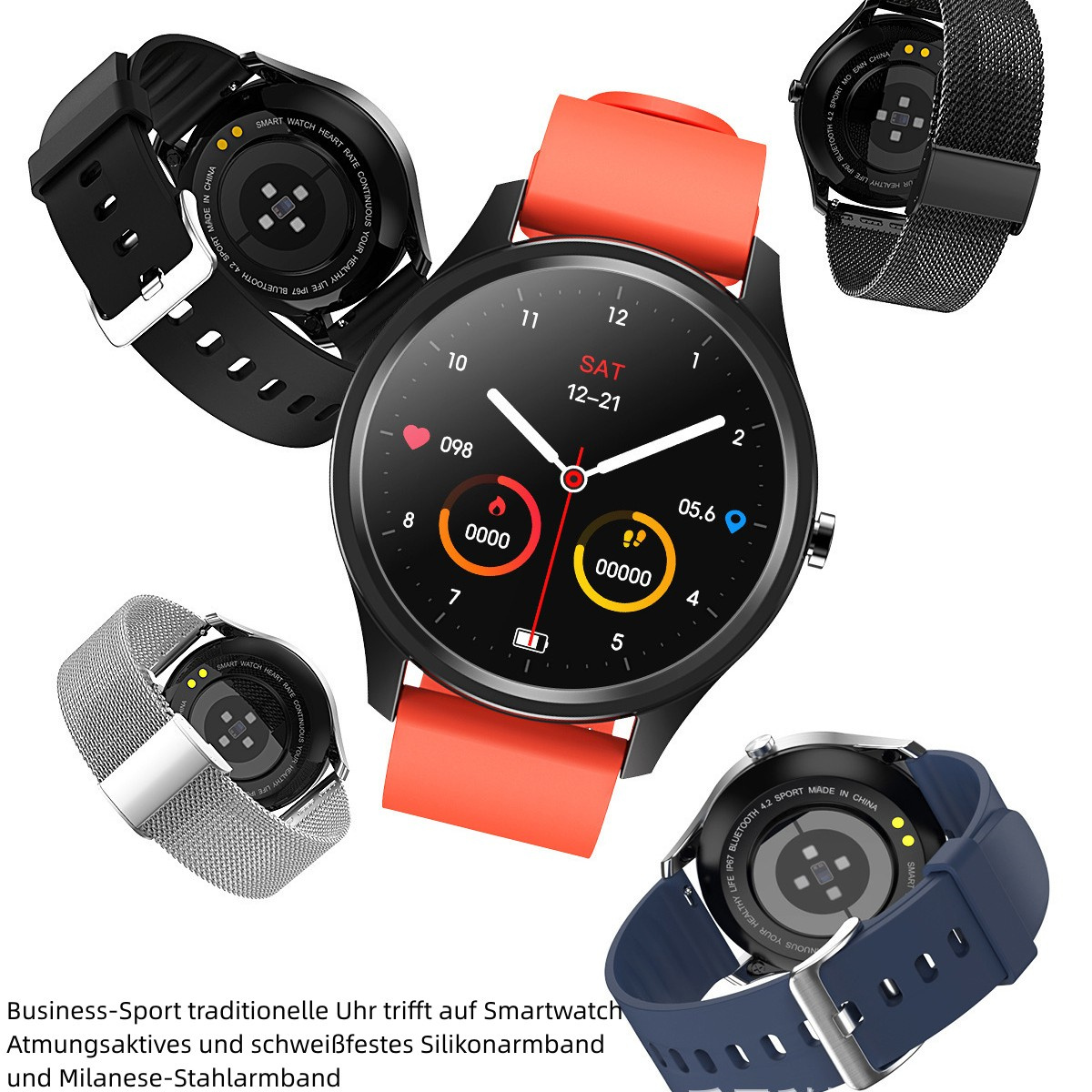 Smartwatches mit verschiedenen Armbändern. Eines mit rotem Band, andere mit schwarzen und blauen Bändern.
