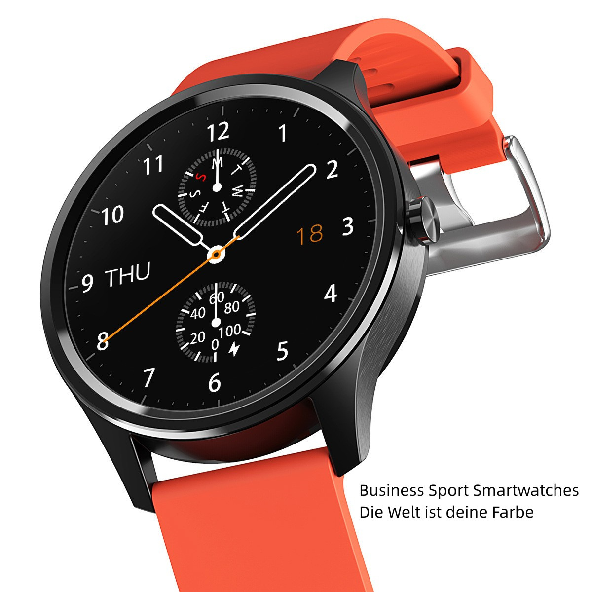 Schwarze Smartwatch mit orangefarbenem Armband. Das Zifferblatt hat einen schwarzen Hintergrund mit weißen und orangefarbenen Details.