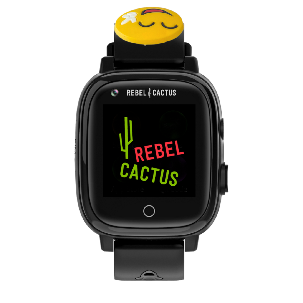 Smartwatch negra con correa de emoji. Muestra el logo 'REBEL CACTUS' en pantalla. Fondo negro.
