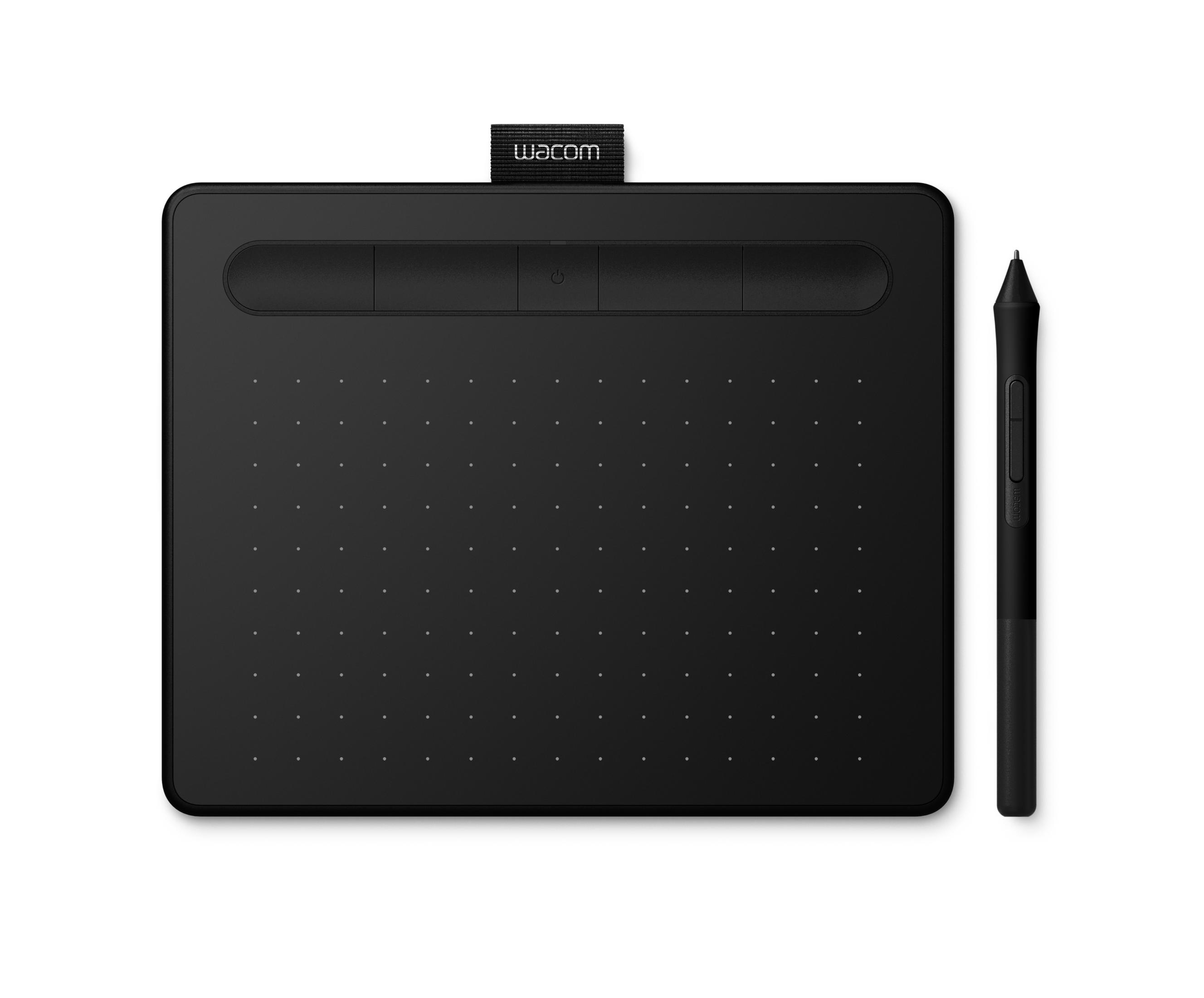 Tavoletta grafica Wacom nera con pulsanti e penna. La tavoletta ha una griglia di punti. Su sfondo bianco.